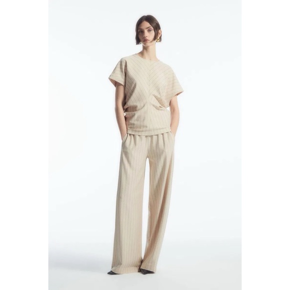 COS Pants - COS Pinstriped High Rise Wide Straight-Leg Pants in Cream White & Black